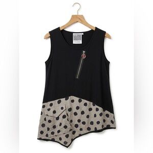 NY77 Design Asymmetrical Polka Dot Lagenlook Sleeveless Tunic Top Size 3